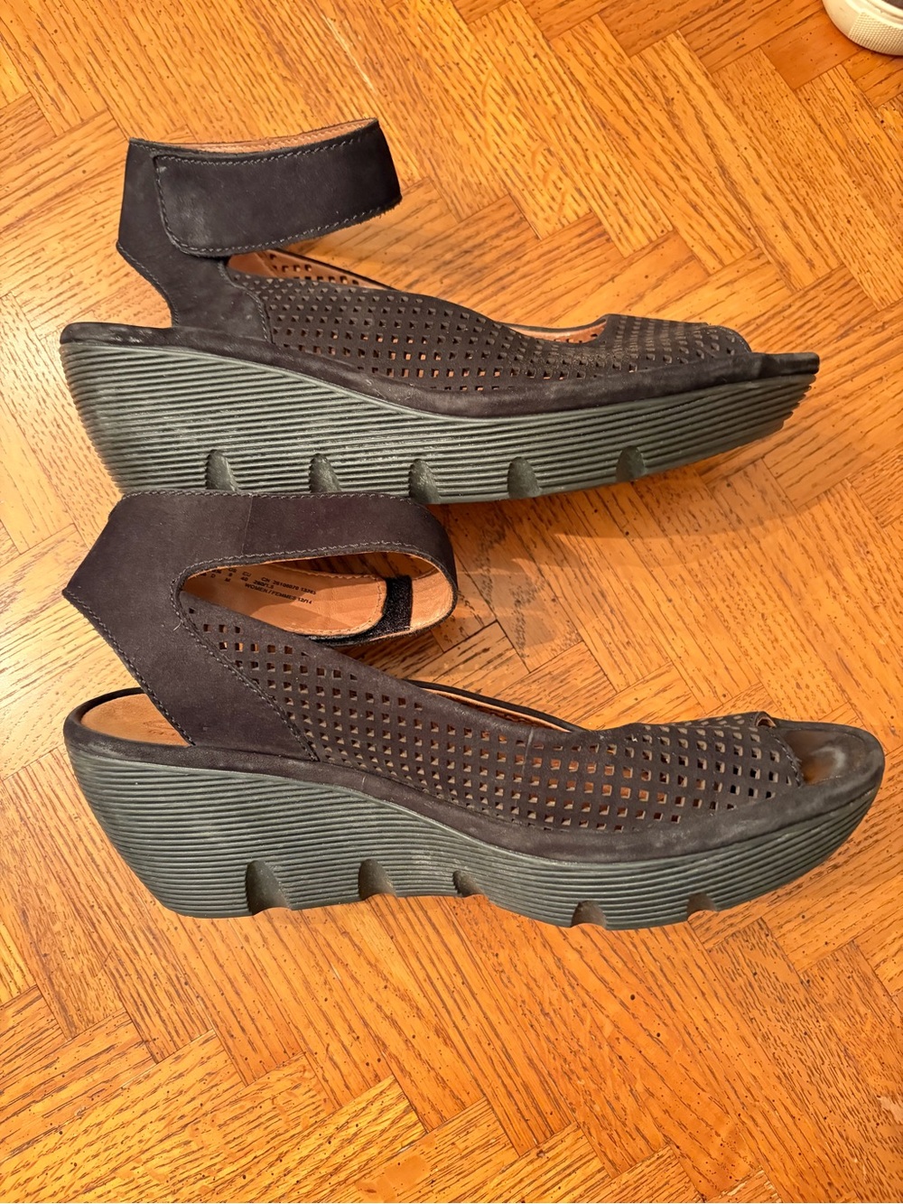 Clark’s black suede platform